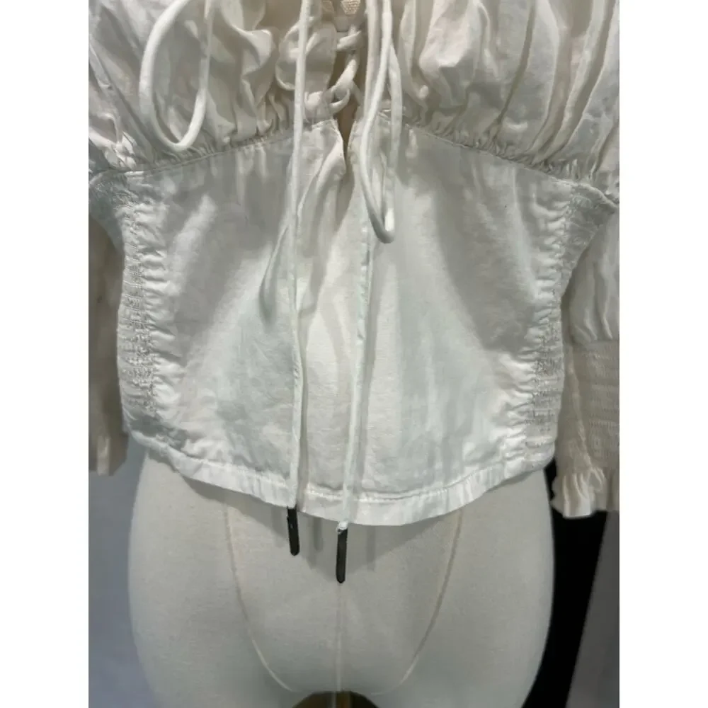 Free People White Milkmaid Corset Crop Top Puff Sleeve Smocked Coquette Boho L